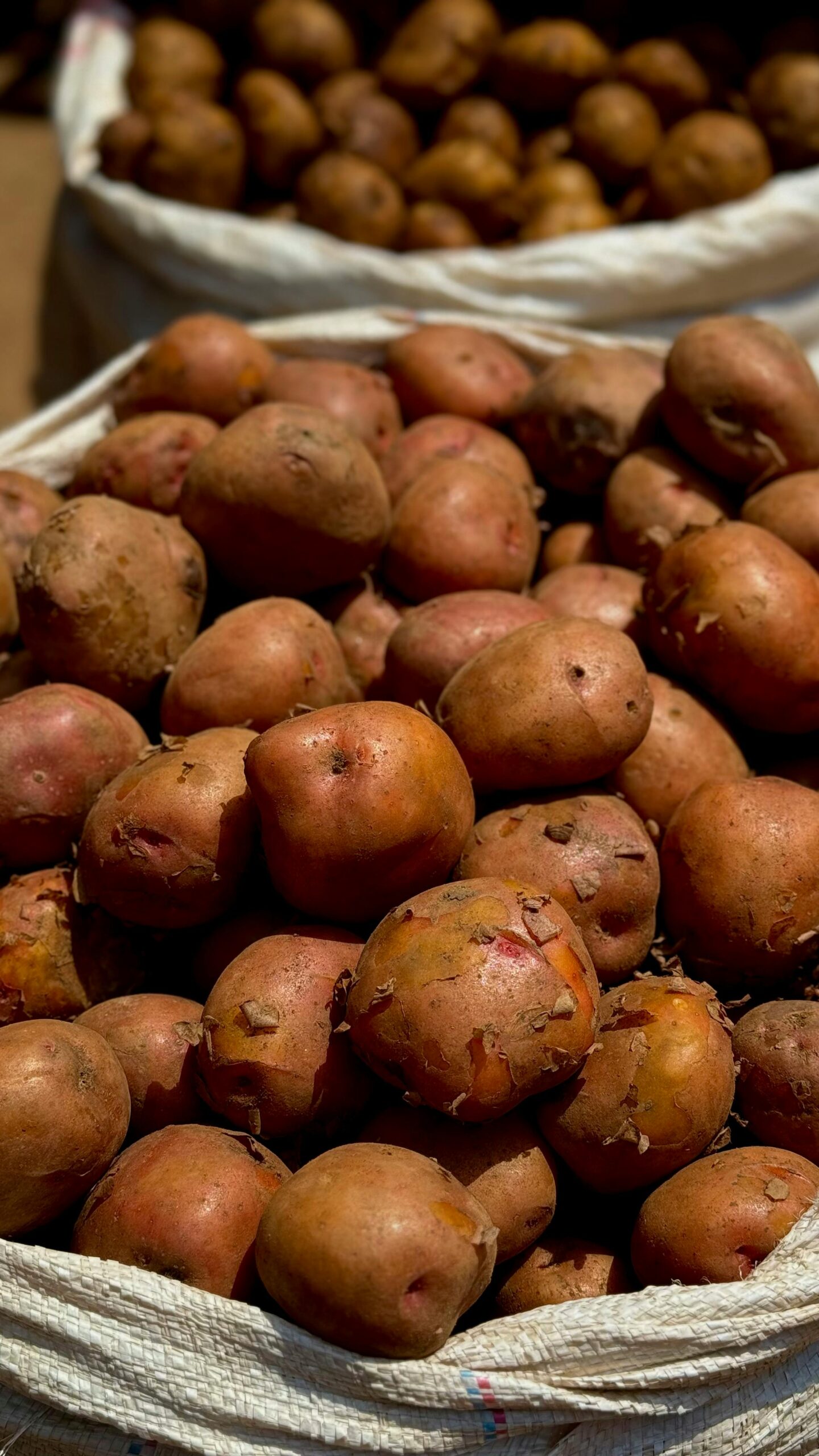 Close-up of fresh potatoes in a basket at a market, ideal for cooking and nutrition concepts.
